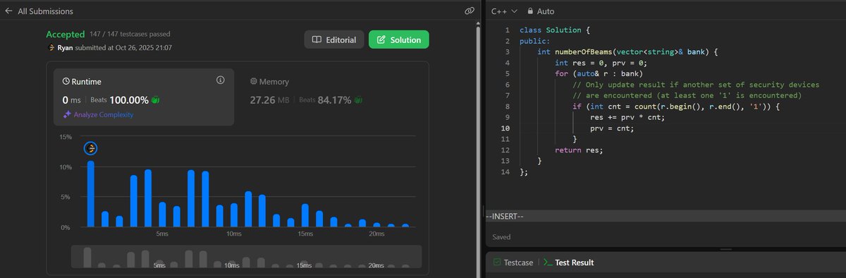 RyanIlano's tweet image. 🚀 LeetCode Daily Challenge: October 27 🚀
2125. Number of Laser Beams in a Bank
Track previous row with security devices and multiply with number of security devices on current row.
#LeetCode #DSA #Coding #ProblemSolving #LearnInPublic