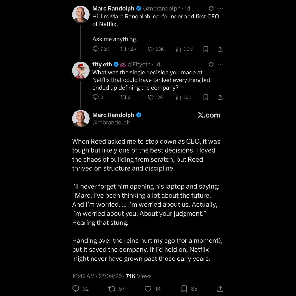 Remarkable candour, and self-awareness from the co-founder and first CEO of Netflix!