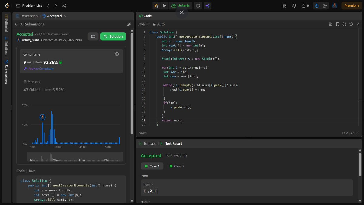 RishirajSingh_X's tweet image. Day 58 of #100DaysOfCode ✅
Solved LeetCode 503: Next Greater Element II 🔁
Mastered circular array logic using Stack 💪
Every iteration taught me how logic flows in loops 🔥
TC = O(n) 🫡😊
#LeetCode #Java #DSA #Stack #CodingJourney