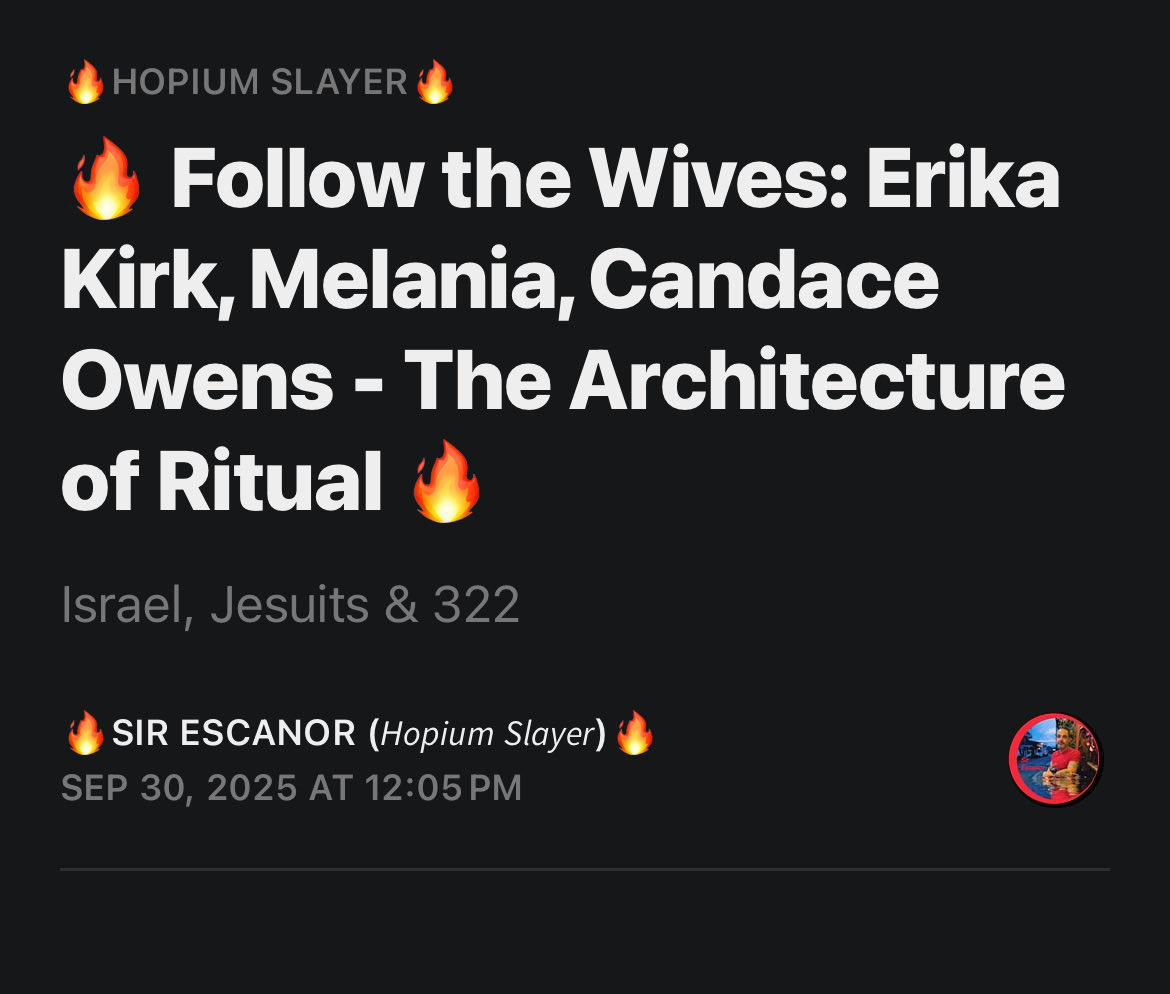 chickenmamaco's tweet photo. This is the article from Sir Escandor Hopium slayer

You really think Erika Kirk “married up?”
That’s the cope talking.
This isn’t romance.
This is ritual.
This is placement.
This is initiation.
1. The Father - Kent Frantzve
Not your average dad. A defense insider.
• Program Research Director at AZ-Tech International.
• Principal CEO at E3TekGroup.
• Deep ties to DoD contracts and Raytheon’s Israeli division.
2. The Mother - Lori Frantzve
Not a “supportive mom.” A pipeline operator.
• Ran corporate supply chains through General Electric.
• Chaired/operated firms with contracts touching Homeland Security and the DoD.
She wasn’t baking cookies. She was baking surveillance.
3. The Grandfather - Carl Kenneth Frantzve
This is where it gets ceremonial:
• VP of American Bank Note Co. (secure IDs, passports, checks).
• Captain, Army Corps of Engineers - Silver & Bronze Star.
• Grand Chief of the Independent Order of Vikings.
• Knighted by King Carl XVI Gustaf of Sweden.
Identity systems. Military initiation. Secret societies. Royal recognition. Every box checked.
4. The Daughter - Erika Frantzve Kirk
The “princess” groomed for her role:
• Trump’s Miss Colorado 2010 & Miss Arizona 2012 - both Trump-owned pageants.
• Founded Romanian Angels at 17 with military contracts in Romania.
• Casting director - the perfect role for grooming, placement and honeytraps.
• Licensed real estate agent at The Corcoran Group NYC — same firm tied to Epstein’s Palm Beach estate.
• Jesuit-trained at Regis University.
Every rung on her ladder reads like a case study in honeypot architecture.
5. The Zionist Stamp
To cap it off, Erika posts a photo of her family’s dedication plaque in Israel. funding the restoration of the Zion Gate in Jerusalem.
That’s not philanthropy. That’s prominence. That’s declaration.
Lindsey Halligan is indicting James Comey. She was an insurance lawyer up until recently… She went to Regis Jesuit University, so did Erika. She stood on stage with Erika Kirk at Miss Colorado 2010.

From pageants to protocol.
The Frantzves aren’t random. They’re initiated, placed, and knighted into this machine.
Father. Mother. Grandfather. Daughter.
Each a cog in the ritual.
From orphans to real estate to pageants.
From Jesuits to Zionist plaques in Jerusalem.
The “princess of the Church” inheriting the keys to MAGA’s youth machine.
Or better: the “priestess of Circe.”