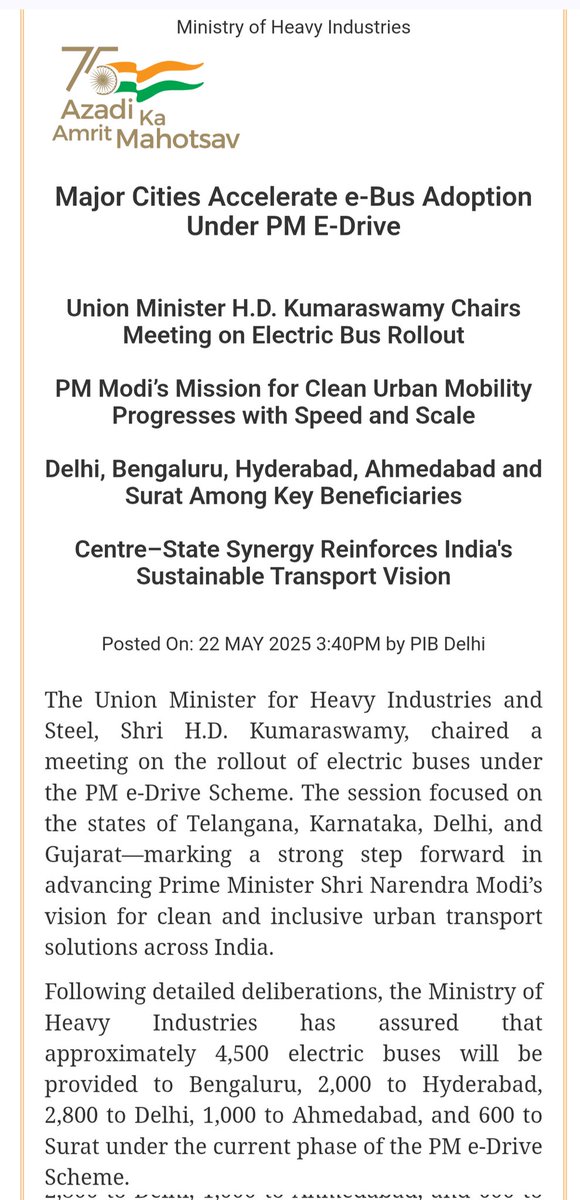 Dileep Reddy🚩 (@dileepreddy125) on Twitter photo The central government allocated 2000 electric buses for Hyderabad under the PM's e-Drive scheme. Under the PM e-Bus Sewa Scheme, Warangal and Nizamabad got 100 and 50 electric buses respectively. The central government allocated 2000 electric buses for Hyderabad under the PM's e-Drive scheme. Under the PM e-Bus Sewa Scheme, Warangal and Nizamabad got 100 and 50 electric buses respectively.