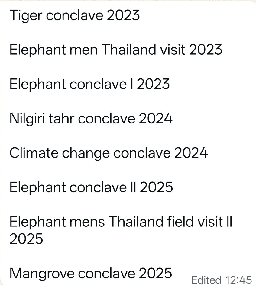 The conclaves of Tnfd.Crores of rupees spent in the below mentioned events.Will TNFD give details of the success of the these extravagant events and how it helped conservation,these funds could have helped the field staff who get paid very less and late every month.<a href="/tnforestdept/">Tamil Nadu Forest Department</a>