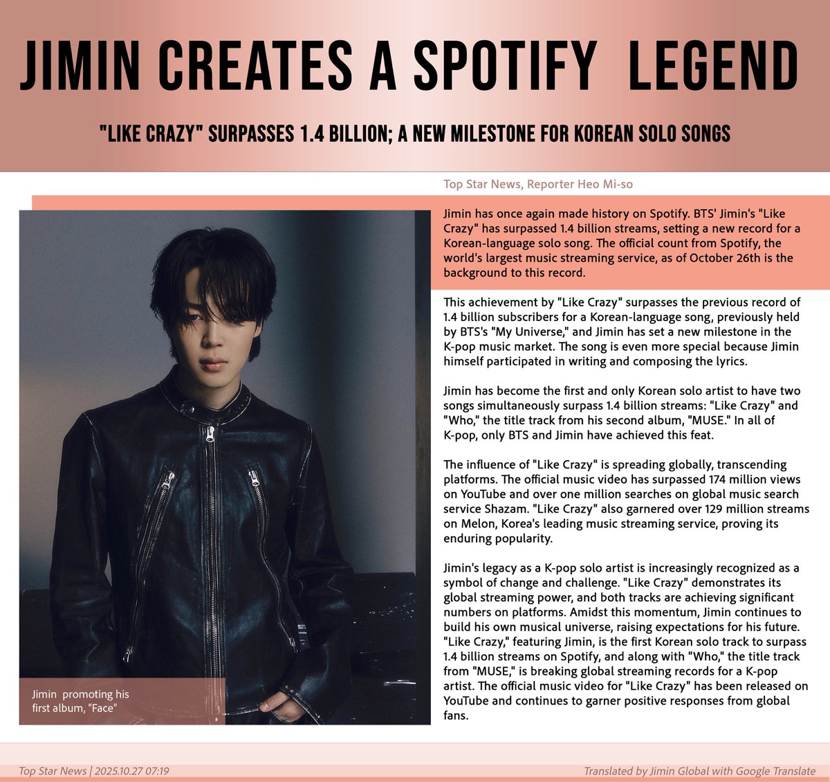 [K-News] Jimin's legacy as a K-pop solo artist is increasingly recognized as a symbol of change and challenge. "Like Crazy" demonstrates its global streaming power, and both tracks are achieving significant numbers on platforms.

SPOTIFY LEGEND JIMIN
CONGRATULATIONS JIMIN