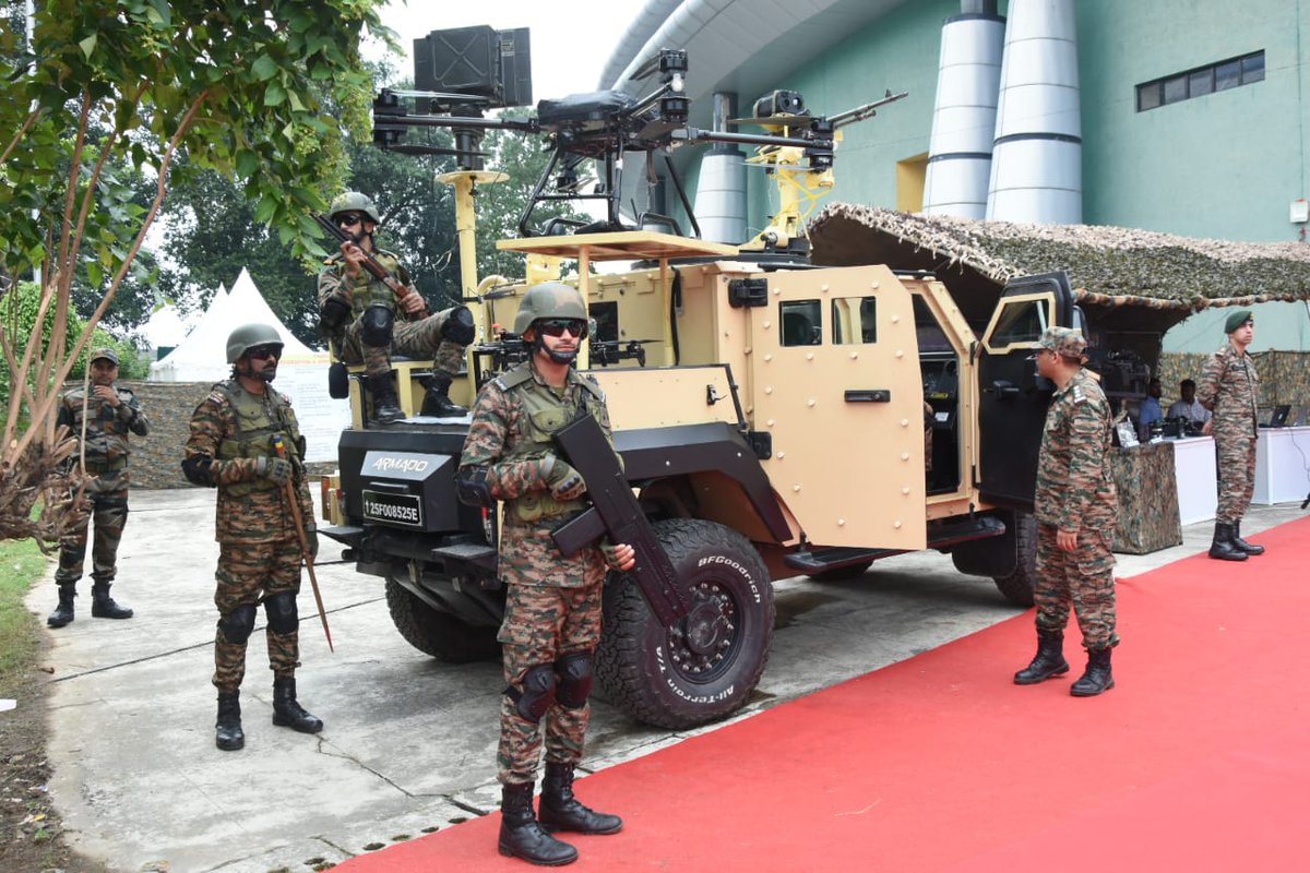 Indian Army Armado ALSV with hard kill, soft kill, provision to launch UAVs ad  troops with anti-drone gun and shotgun.