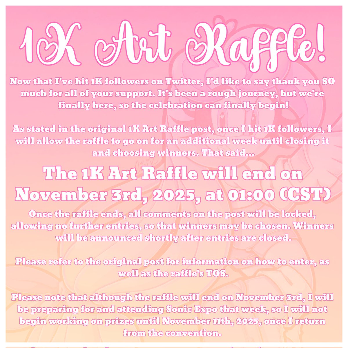 WE FINALLY HIT 1K‼️ 🎉

Thank you SO much for all of your support! I literally could not have made it this far without all of you. If I was able to hit 1K, I know my dream of working at Sega one day will eventually come to pass-- I just gotta keep working hard!

Love you all! 💗