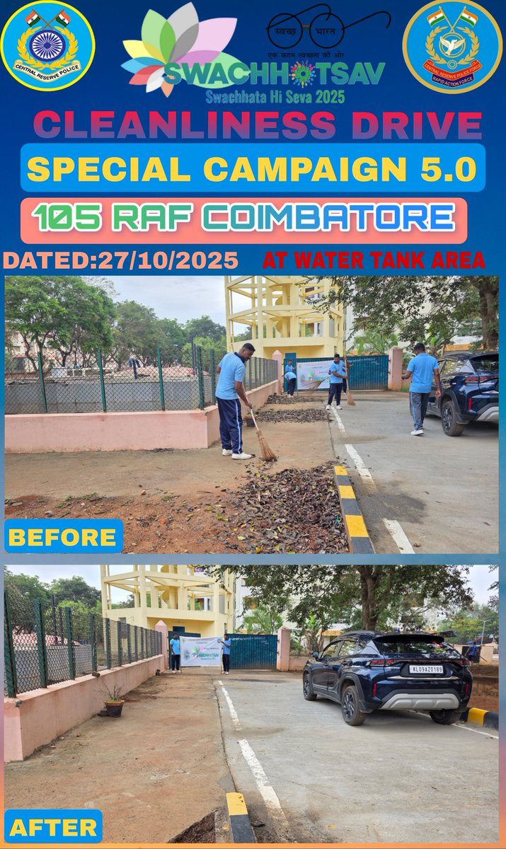"Spring cleaning is a chance to hit the reset button on your life" As part of Special Campaign 5.0 to Institutionalise Swachhata, personnel of 105 BN RAF, Coimbatore organised a cleanliness drive in the  water tank area on 27/10/2025
#SpecialCampaign5_0