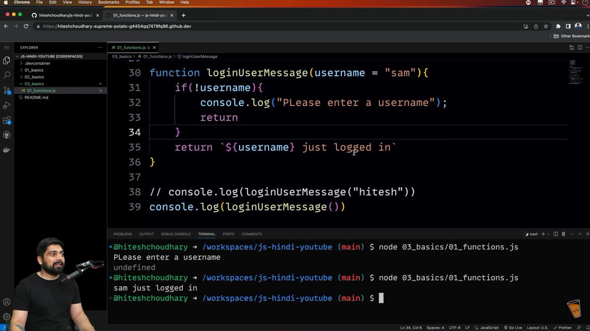 codeXninjaDev's tweet image. Day 18 of #JavaScriptChallenge by @ChaiCodeHQ @Hiteshdotcom 
Learnt how functions work declaring, calling, passing parameters, using default values like function loginUserMessage(username="sam"), returning values, and checking missing arguments with if(!username).
#ChaiAurCode