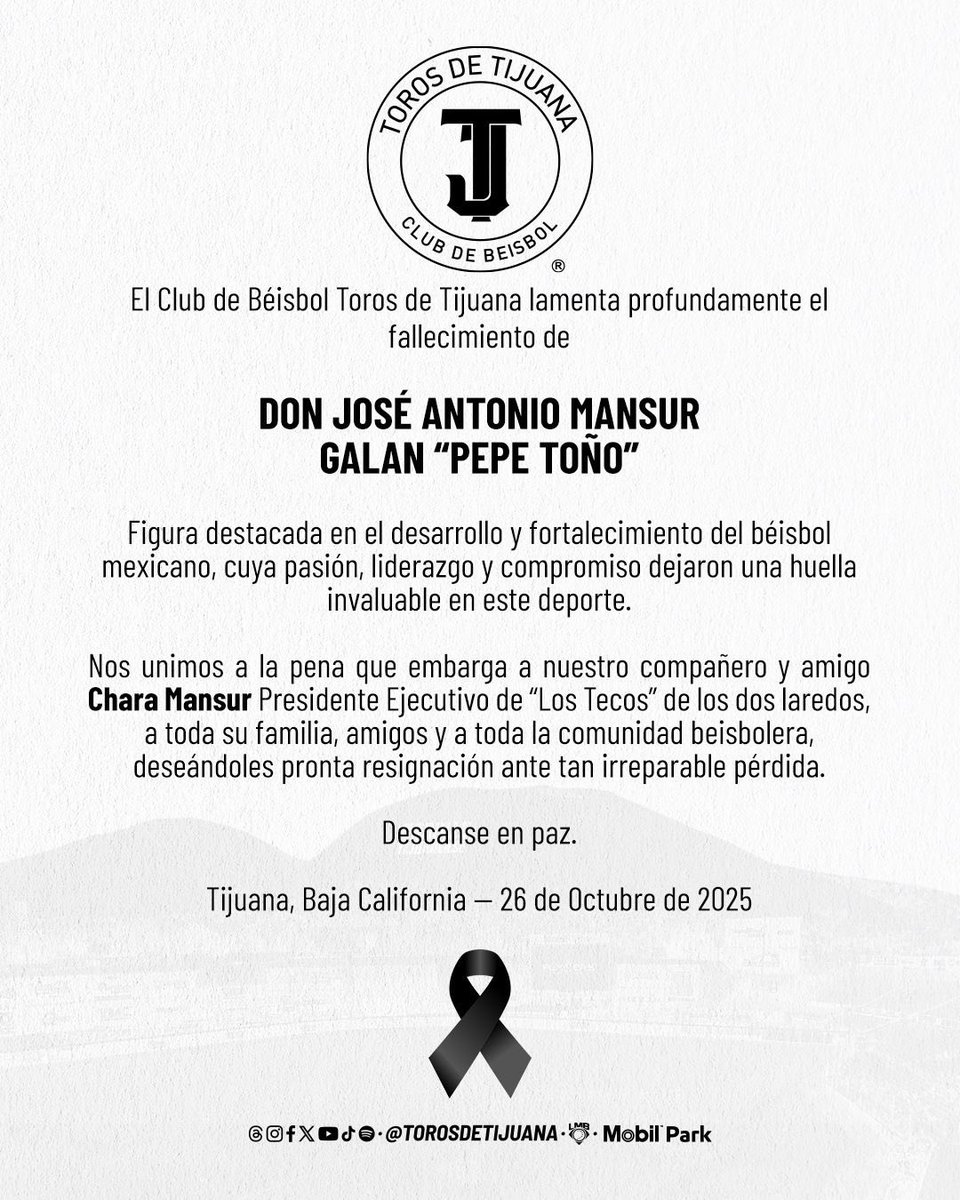 Mi más sentido pésame para La familia Mansur Beltrán así como a toda la organización de <a href="/LaredosTecos/">Tecos de los Dos Laredos</a> por el fallecimiento de Don Pepe Toño Mansur.