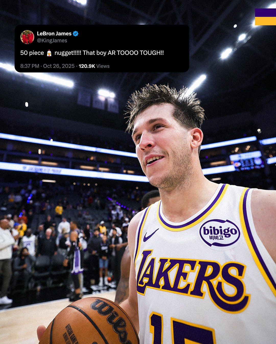 Austin reaves y la felicitación de LeBron James luego de sun noche histórica de 51 puntos.