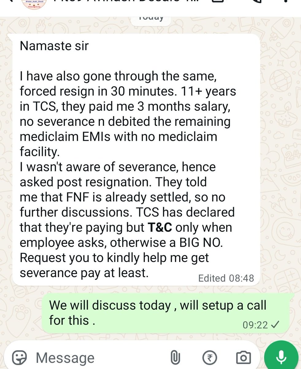 FITEMaharashtra's tweet image. Dark side of #TCS #TCSlayoffs part 2 

An employee who worked  11 years with TCS was forced to resign in 30 mins with 3months salary. On top of that they asked him to pay back health insurance amount which company paid for him .

@TCS @IndianTechGuide @moneycontrolcom #TCSlayoff…