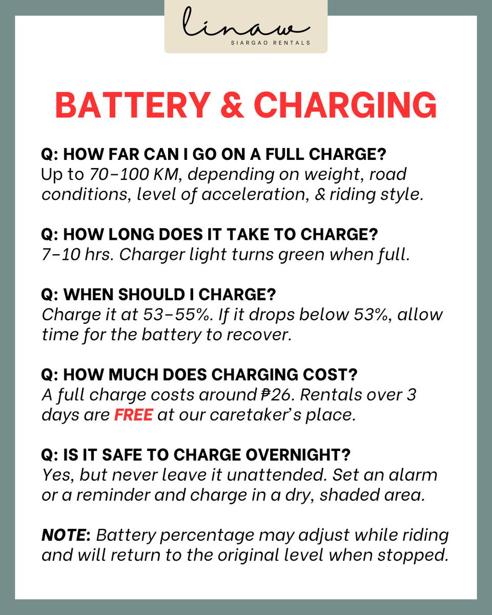 linaw_siargao's tweet image. ‼️ Reminder: This is an electric bike, NOT a motorcycle. 

➡️ Swipe before booking your trip with us.

Ride smart, charge right, and explore the island the eco-friendly way. 🌴💚

#ebiketips #linawecorides #siargaoguide #ecoridessiargao #siargao #ebike #electricbike