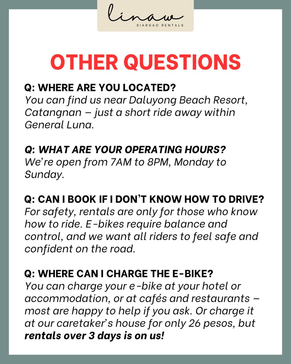 linaw_siargao's tweet image. ‼️ Reminder: This is an electric bike, NOT a motorcycle. 

➡️ Swipe before booking your trip with us.

Ride smart, charge right, and explore the island the eco-friendly way. 🌴💚

#ebiketips #linawecorides #siargaoguide #ecoridessiargao #siargao #ebike #electricbike