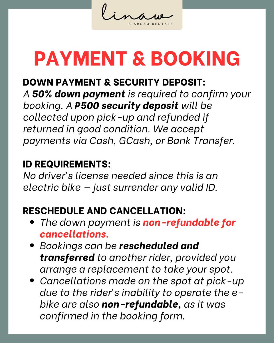 linaw_siargao's tweet image. ‼️ Reminder: This is an electric bike, NOT a motorcycle. 

➡️ Swipe before booking your trip with us.

Ride smart, charge right, and explore the island the eco-friendly way. 🌴💚

#ebiketips #linawecorides #siargaoguide #ecoridessiargao #siargao #ebike #electricbike
