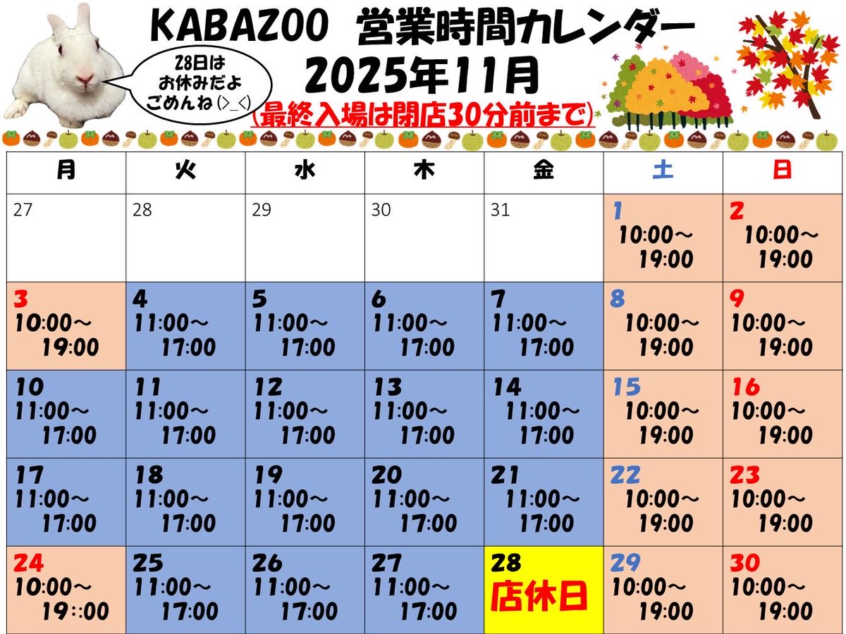 kabazoo_kashiwa's tweet photo. 11月の営業時間です🎶
平日11:00〜17:00
土日祝日10:00〜19:00
28日は店内清掃のため終日お休みいたします。
ご来店予定のお客様にはご迷惑をおかけいたしますが、ご理解のほどよろしくお願いいたします。
#KABAZOO #カバズー #動物園 #室内型動物園 #11月 https://t.co/kghH7yCmB7