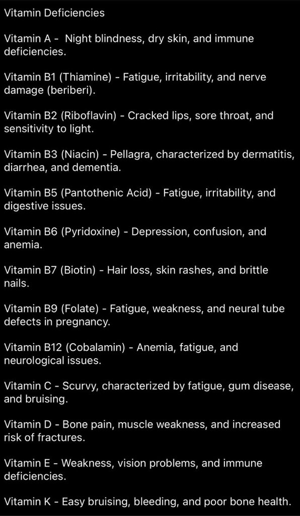 IronSage_'s tweet photo. Vitamin Deficiencies

Vitamin A - Night blindness, dry skin, and immune deficiencies.

Vitamin B1 (Thiamine) - Fatigue, irritability, and nerve damage (beriberi).

Vitamin B2 (Riboflavin) - Cracked lips, sore throat, and sensitivity to light.

Vitamin B3 (Niacin) - Pellagra, characterized by dermatitis, diarrhea, and dementia.

Vitamin B5 (Pantothenic Acid) - Fatigue, irritability, and digestive issues.

Vitamin B6 (Pyridoxine) - Depression, confusion, and anemia.

Vitamin B7 (Biotin) - Hair loss, skin rashes, and brittle nails.

Vitamin B9 (Folate) - Fatigue, weakness, and neural tube defects in pregnancy.

Vitamin B12 (Cobalamin) - Anemia, fatigue, and neurological issues.

Vitamin C - Scurvy, characterized by fatigue, gum disease, and bruising.

Vitamin D - Bone pain, muscle weakness, and increased risk of fractures.

Vitamin E - Weakness, vision problems, and immune deficiencies.

Vitamin K - Easy bruising, bleeding, and poor bone health.