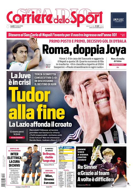 Front Page Corriere dello Sport, Monday 27 October 2025
