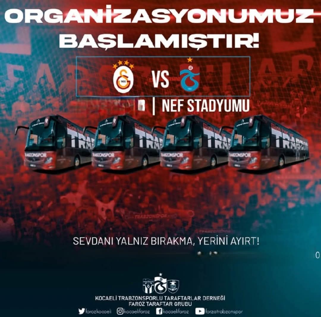 Galatasaray maçı organizasyonu başlamıştır.. 

Organizasyon sorumlusu;
Selim Çetindemir   : 05456004161
Mehmet İnce          : 05334906410

Güzergahımız , duraklarımız ;
1) Dernek lokali kalkış.
2) İzmit Halkevi 
3) Derince Halkbank önü 
4) Gebze senter durağı
5) Mehmetçik vakfı