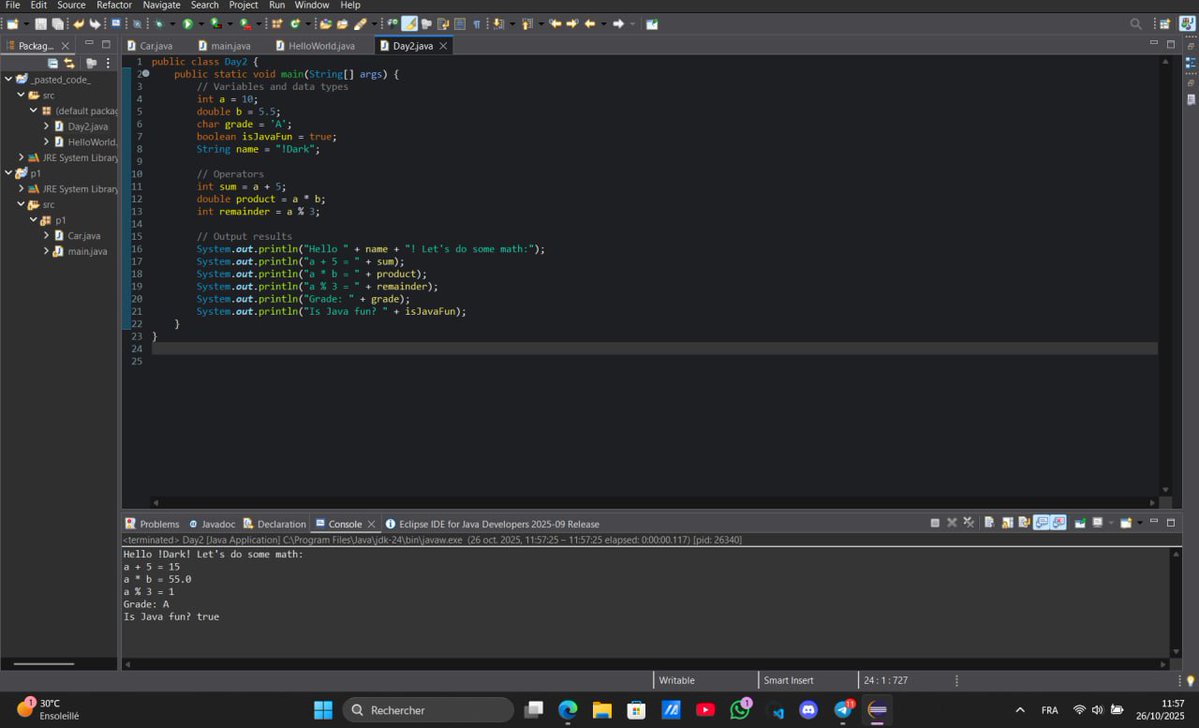darkkk_121's tweet image. Day 2 of #100DaysOfCode
=> Learned about variables, data types & operators. Built small math programs. Java’s strong typing forces me to think carefully — I like it.
#Java #LearnProgramming #BuildInPublic