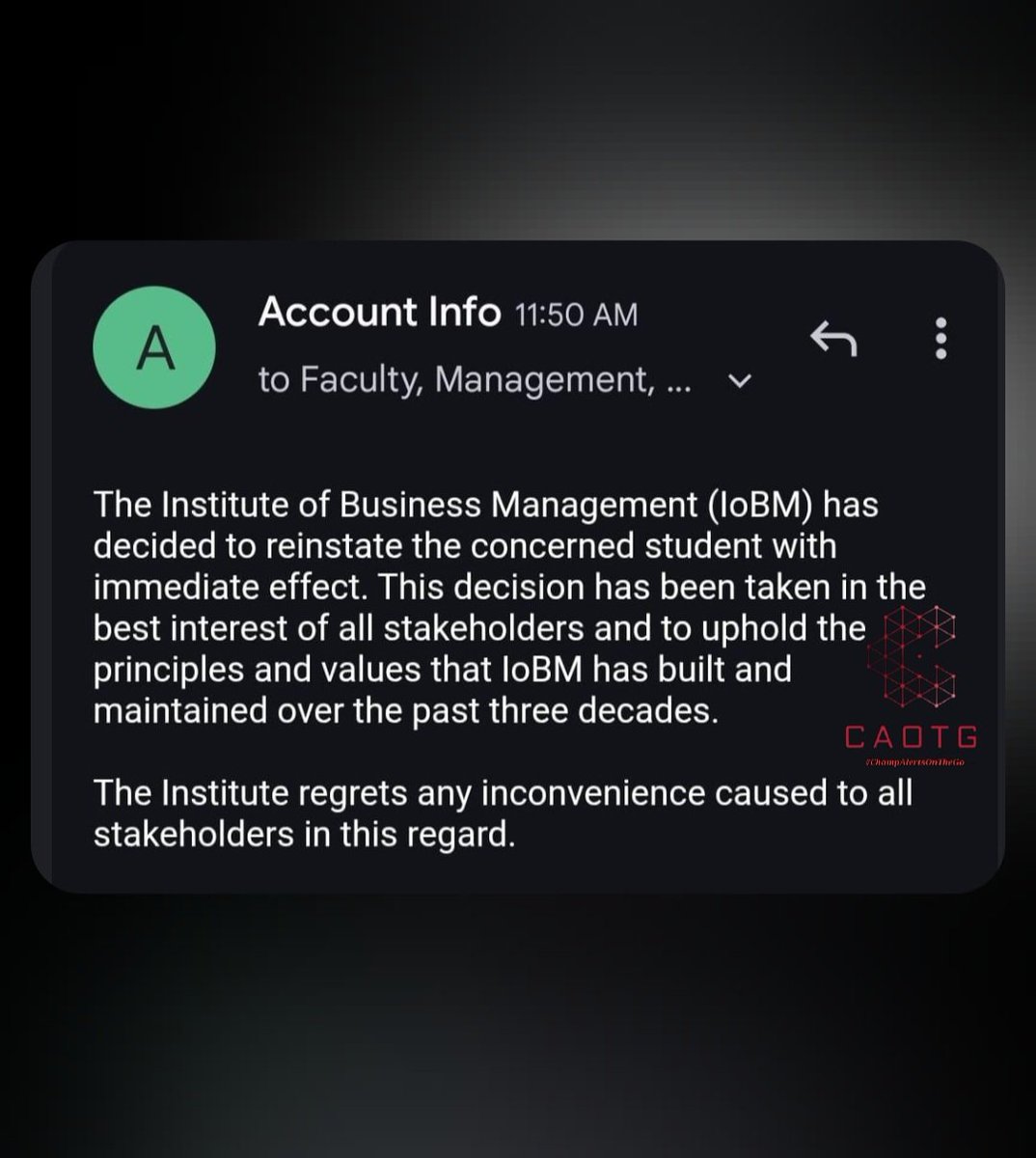 shaheryarhassan's tweet photo. #Karachi #Update #Harrasment #IOBM
Finally! But if the institution valued the principles & values there would have been no need of massive protests by students #CAOTG #ChampAlertsOnTheGo. https://t.co/0CpsIcuLcO