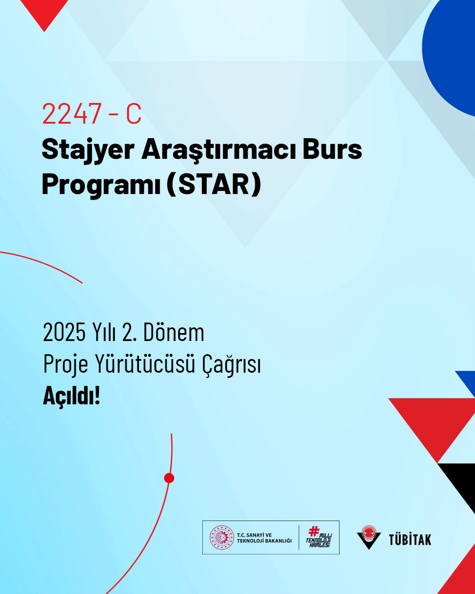 📢TÜBİTAK 2247-C Stajyer Araştırmacı Burs Programı (STAR) – 2025 Yılı 2. Dönem Proje Yürütücüsü Çağrısı Açıldı!

Proje yürütücüleri tarafından projelerde görev almak üzere yapılacak bursiyer ve öğretmen talep başvuruları başladı.

📅Başvuru tarihleri: 27 Ekim 2025 - 10 Kasım 2025