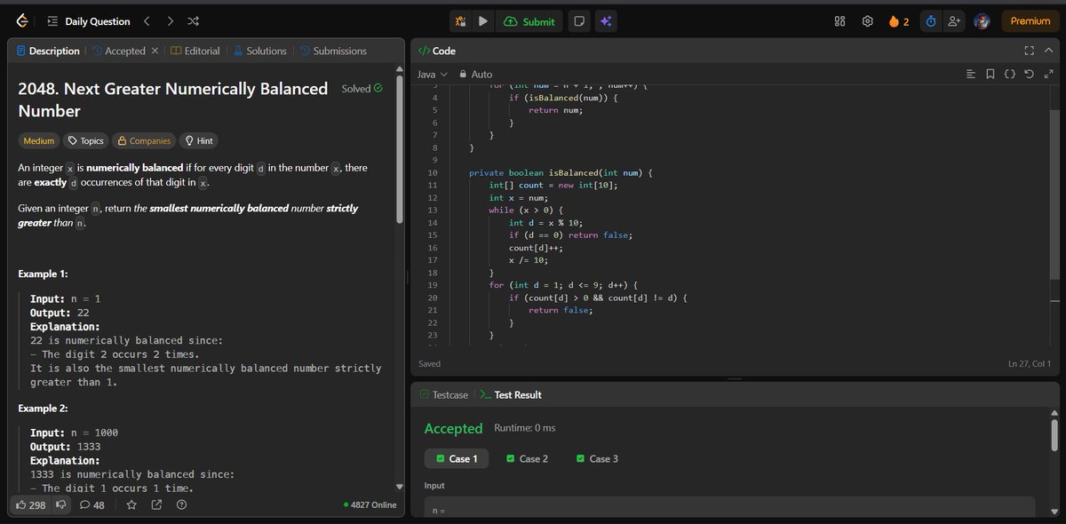 meranaamkhann's tweet image. Update for the last few days 
#LeetCode Questions :-
2048 :  Next Greater Numerically Balanced Number
6 : Zigzag Conversion
1716 : Calculate Money in Leetcode Bank
41 : First Missing Positive
#Java #CodingJourney