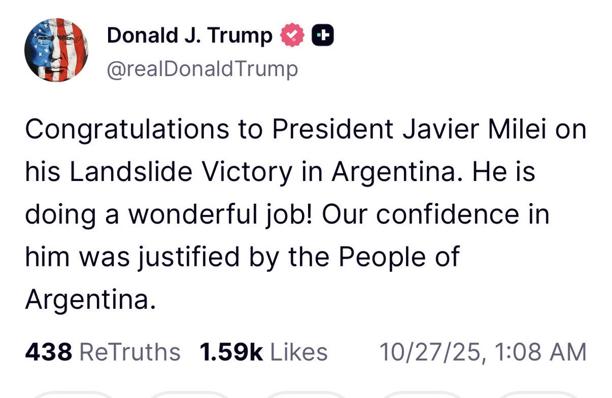 🚨 DONALD TRUMP FELICITÓ A MILEI 🚨

"Felicitaciones al presidente Javier Milei por su aplastante victoria en Argentina. ¡Está haciendo un trabajo maravilloso! Nuestra confianza en él fue respaldada por el pueblo argentino."