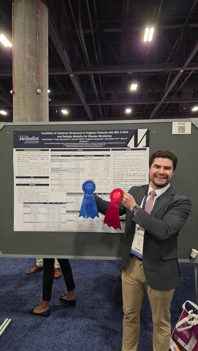 Excited to have won multiple awards with our poster on the Feasibility of #IUS in #IBD &amp; Pregnancy. Thank you to my extraordinary mentors! <a href="/IBD_Houston/">Bincy Abraham, MD, MS</a> <a href="/ChrisFanMD/">Chris Fan</a> <a href="/MethodistHosp/">Houston Methodist</a> <a href="/HMethodistMD/">Houston Methodist MD</a>

#OutstandingPresenterAward
#PresidentialPosterAward
#BestInIBDAward
#ACG2025