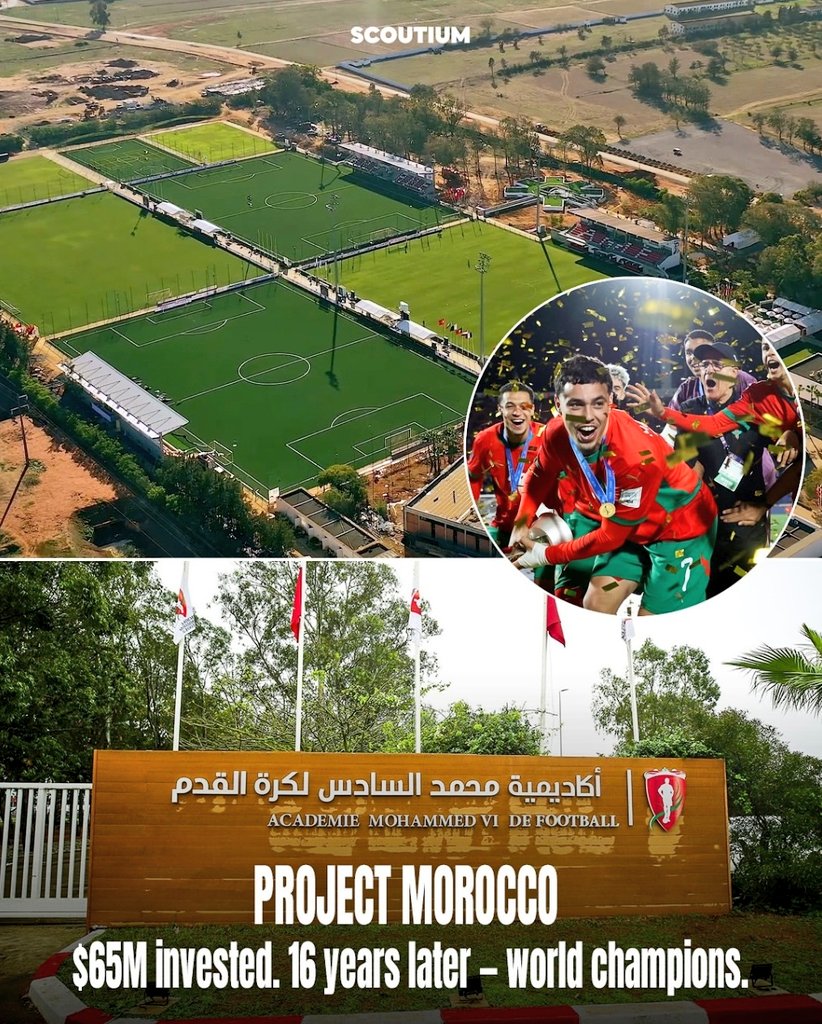 16 years ago, Morocco invested $65 Mil. into a proper world-class football academy.

Fast forward today, the results are STUNNING:

🌍 2022 World Cup Semis
🥉 2024 Olympic Bronze
🏆 2025 U17 AFCON Champs
🏆 2025 U20 World Cup Champs

Grassroots is the way forward. #IndianFootball