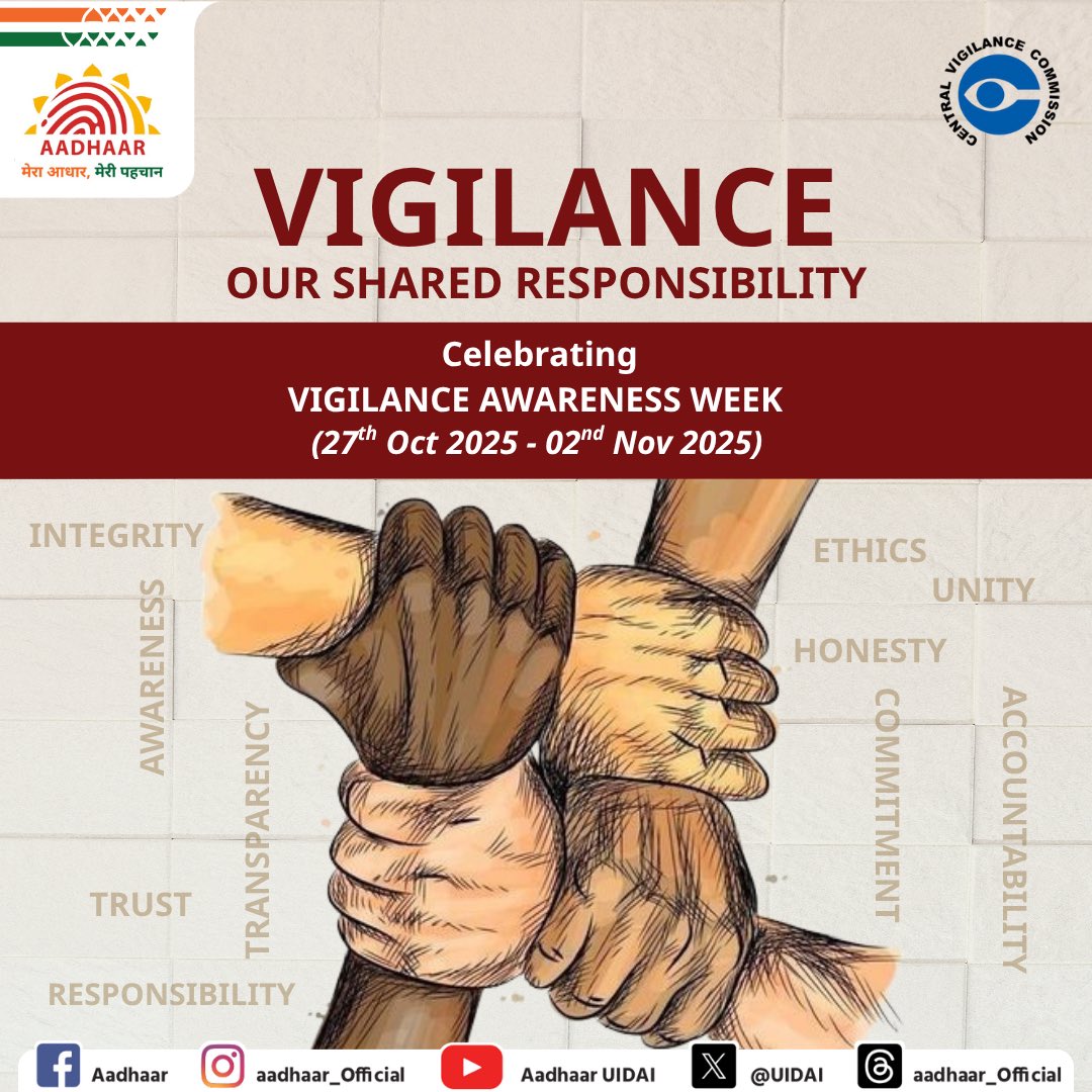 UIDAI's tweet image. #VigilanceAwarenessWeek2025
Vigilance is our shared responsibility, and together we must uphold it. Let us renew our commitment towards prudence, transparency and honesty as we observe Vigilance Awareness Week.
#Aadhaar #VigilanceAwarenessWeek #VigilanceWeek
