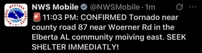 ferozwala's tweet photo. 🌪️A tornado has been confirmed near County Road in Elberta, Alabama. 

Residents in the area are advised to move to a safe shelter immediately.

#Elberta #Alabama 
#Tornado  #USA 
https://t.co/EHUFQapwOH https://t.co/0qFfe6zVdx