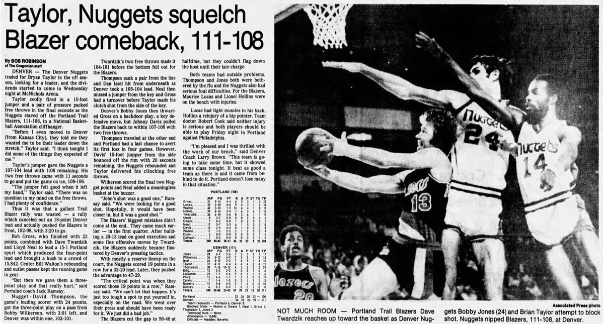77Blazers's tweet photo. October 26, 1977 - The @trailblazers suffered their first loss in the season, dropping a close one at the @nuggets, as #BrianTaylor scored 4 points in the final minute to secure the win.

#DavidThompson scored a game high 24 points while Taylor finished with 12 points.

#BobGross led the #Blazers with 22 points while #DaveTwardzik added 17 points and pulled in a career-high 8 rebounds. 

#RipCity #ThisDateinBlazersHistory