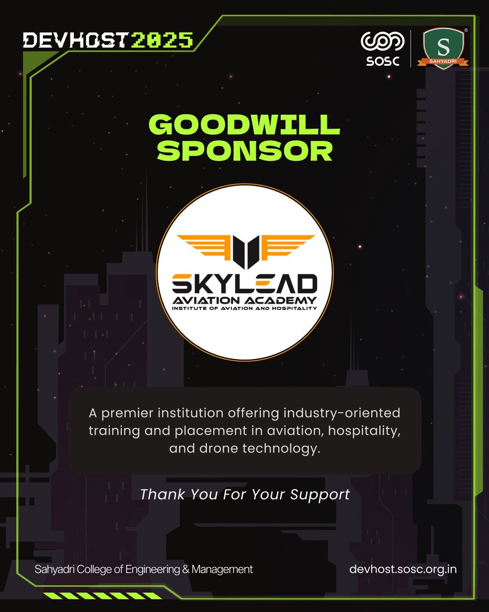sosc_sahyadri's tweet photo. Proud to have Skylead Aviation Academy as the Goodwill Sponsor of #DevHost2025!
Together, we’re soaring higher where innovation meets inspiration. ✈️
#SkyleadAviationAcademy #Sahyadri #SOSC #Collaboration
#TechWithPurpose https://t.co/tMmz2hqQGz