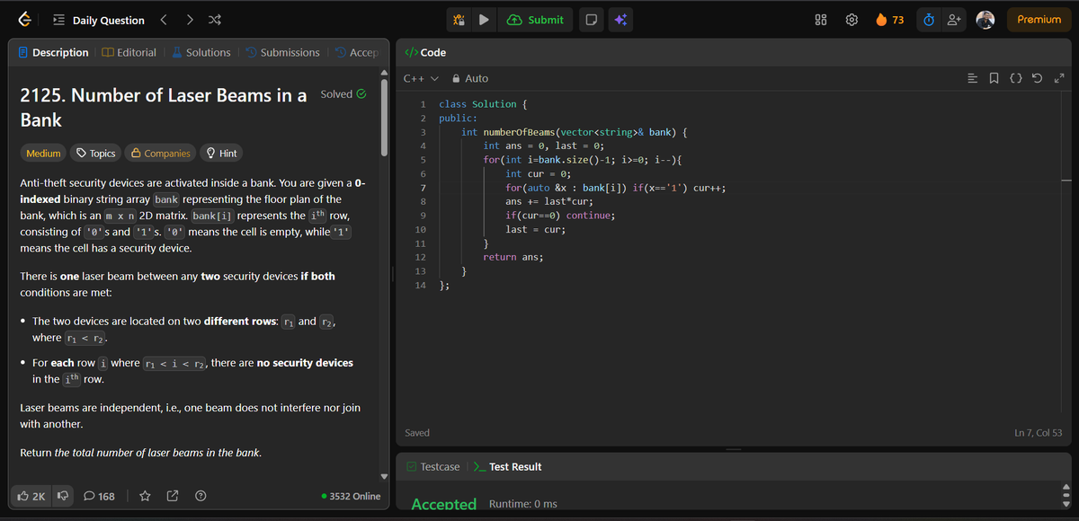 _Shiva_iitp's tweet image. Today's #Leetcode #POTD 
Solved in just 2 min.
It was very easy two loop problem. All you have to just multiply with the last values.
Let's #Connect with me if you do DSA.
#CodingJourney