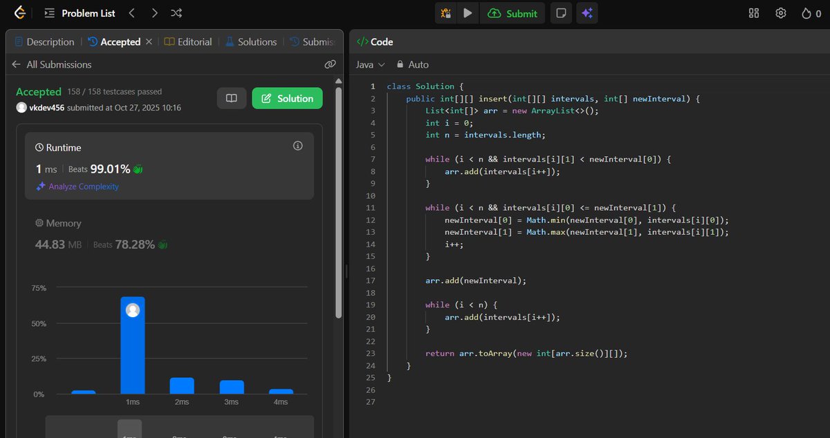 vkdev456's tweet image. Solved the "Insert Interval" problem on LeetCode!
Pattern: Merge Intervals
Topic: Greedy Algorithms
#LeetCode #DSA #ProblemSolving #GreedyAlgorithm #LearnInPublic