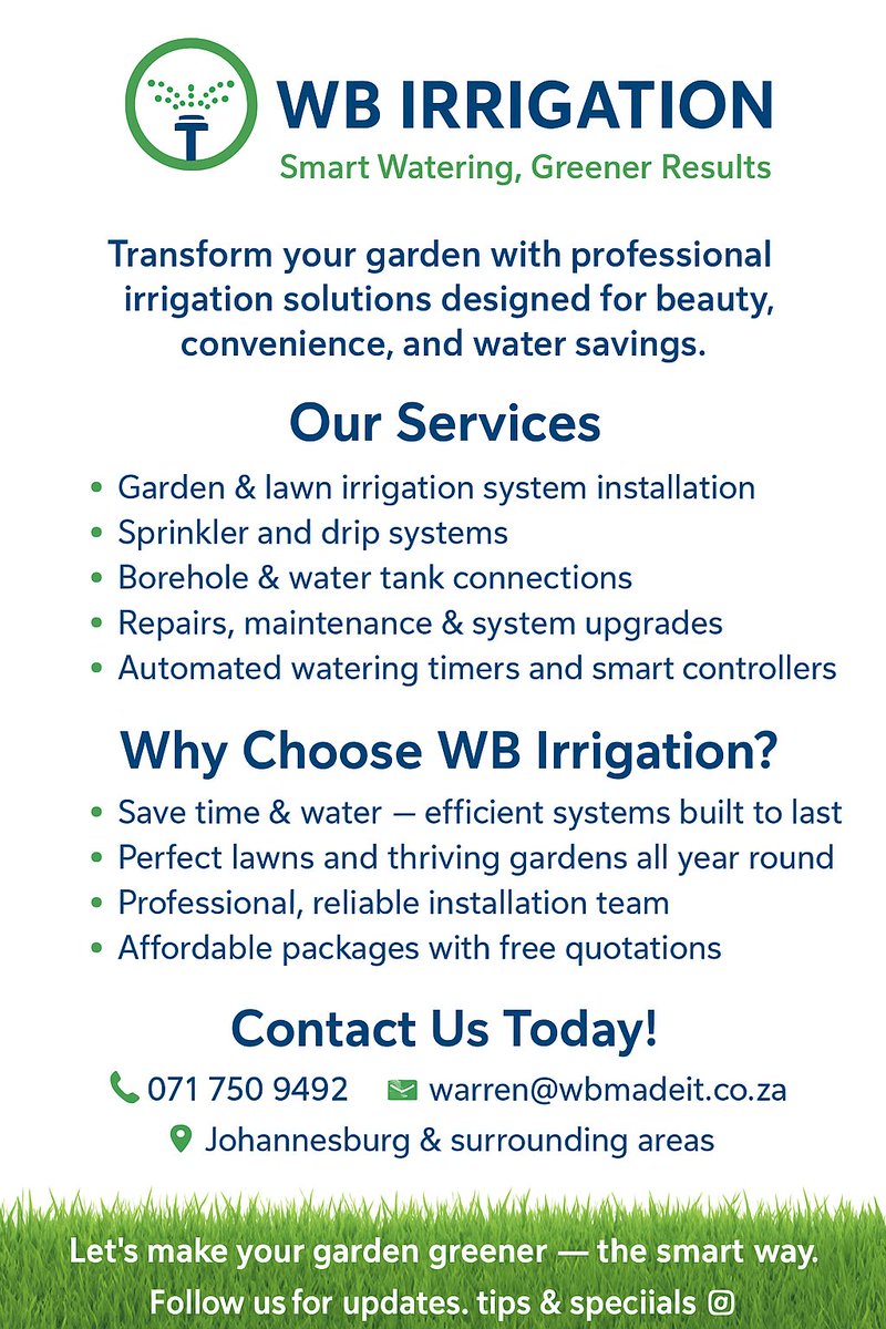 Wbmadeitproject's tweet image. 🌿 Introducing WB Irrigation!
We’re excited to announce a new division under WB Made It Projects 
💦 Smart Watering, Greener Results
📞 071 750 9492 | ✉️ warren@wbmadeit.co.za
📍 Johannesburg &amp;amp; surrounding areas #irrigation #irrigationsolutions #gardening
#MissSA2025 @djsbu