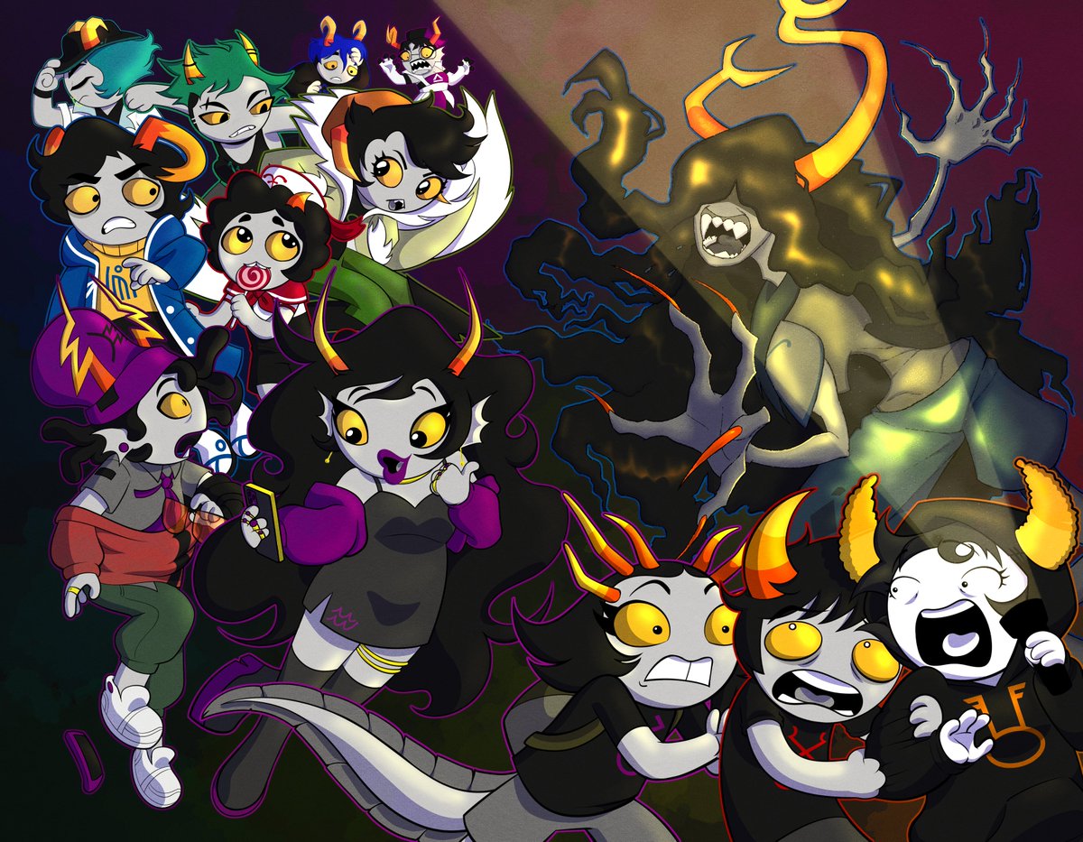 buzzingRoyalty's tweet image. my piece for the @stuckathomecon  zine, wanted to shove all the new trolls revealed over the years into one spread &amp;gt;:) #homestuck #hiveswap