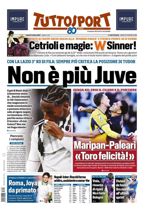 Front Page Tutto Sport, Monday 27 October 2025