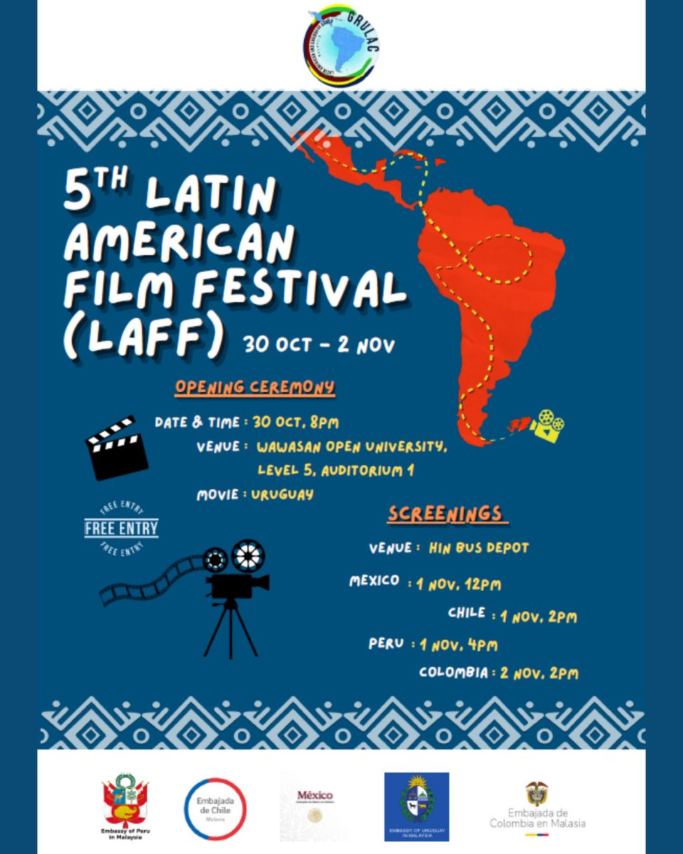 ¡Ven y únete al 5.º Festival de Cine Latinoamericano (LAFF) en PENANG!
Disfruta de la riqueza cultural y las historias de América Latina a través de una emocionante selección de películas de Uruguay, México, Chile, Perú y Colombia.