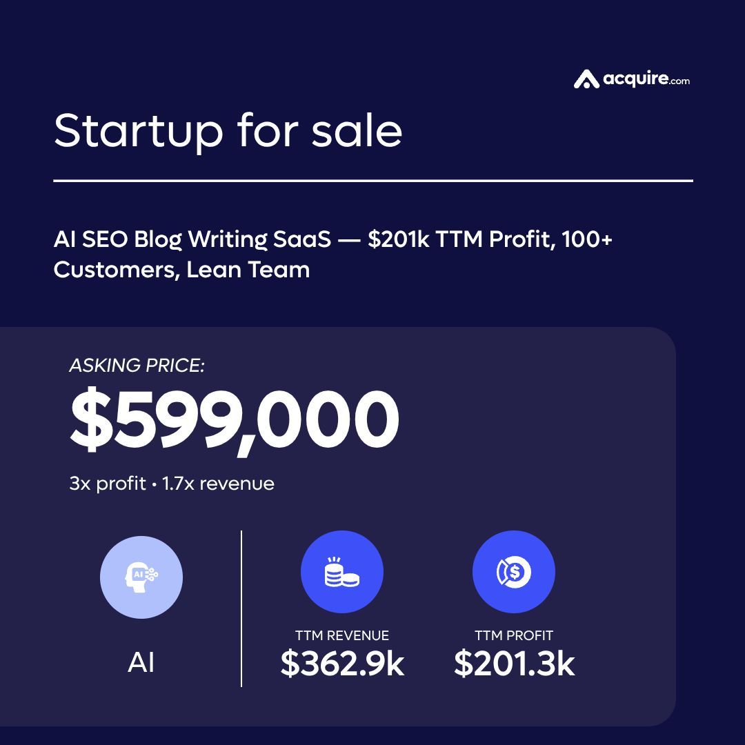 Formerly MicroAcquire (now acquire.com) (@microacquire) on Twitter photo π₯ New Startup Listed π₯ AI | AI SEO Blog Writing SaaS β $201k TTM Profit, 100+ Customers, Lean Team | $363k TTM revenue 
Asking Price: $599k
Contact the seller here: buff.ly/PCUR3Jf π₯ New Startup Listed π₯ AI | AI SEO Blog Writing SaaS β $201k TTM Profit, 100+ Customers, Lean Team | $363k TTM revenue 
Asking Price: $599k
Contact the seller here: buff.ly/PCUR3Jf