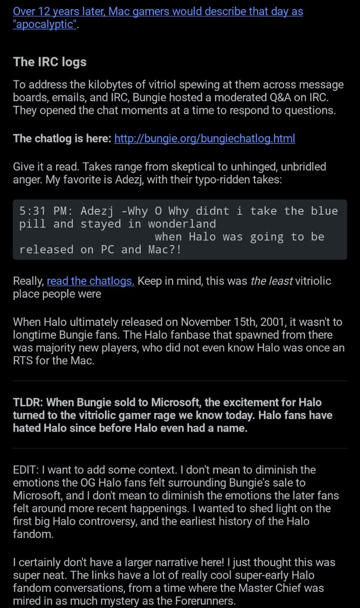 ShatteredSpaces's tweet photo. Let's take a look back into #Halo's history and the Fans that don't like the games.

TLDR:
When #Bungie sold to #Microsoft, the excitement for Halo turned to the vitriolic gamer rage we know today. Halo fans have hated Halo since before Halo even had a name. https://t.co/TvUI0mhWsP