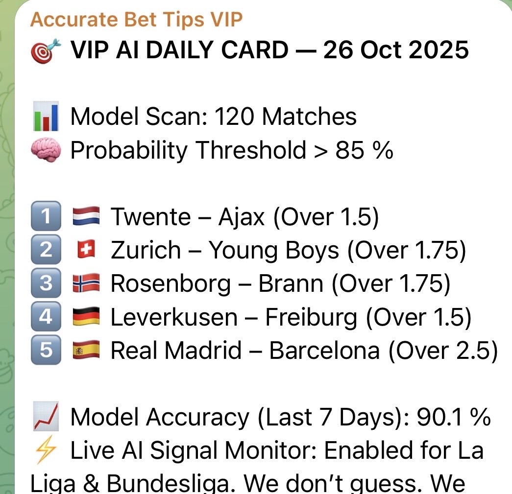 TipsAccurate's tweet image. 💎 VIP Clean Sweep 26 October— 5/5 Winners! Link in bio!
All matches from our AI actuarial model ✅

📈 100% hit rate.
#ABTFootballPredictions #AIModel #WinningTeam