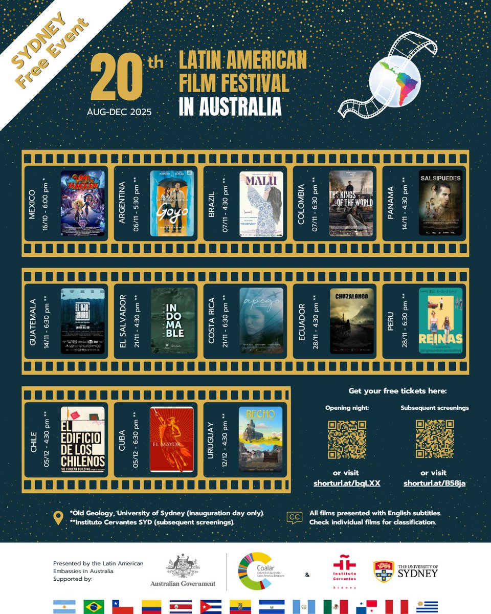 🎬 LAFF 2025

Once again, Instituto Cervantes Sydney &amp; Latin American embassies present the 20th Latin American Film Festival!

Starts Nov 6, 5:30 PM with Argentine film “Goyo” at Instituto Cervantes Sydney: 3/299 Sussex St.

🎟️ Reserve: Shorturl.at/B58ja

Don’t miss it! 🎥