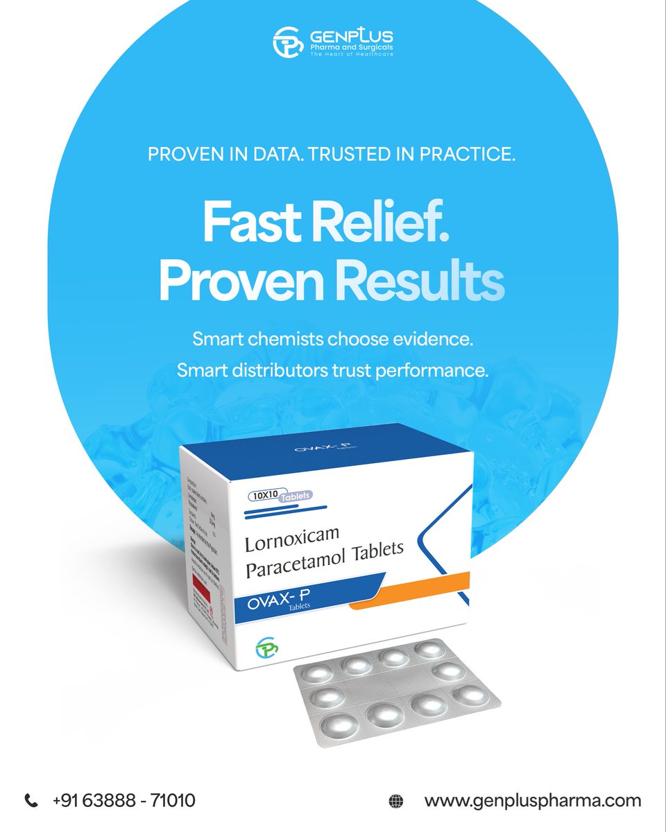 Genpluspharma's tweet photo. 💊 Consistent relief. Trusted demand.
Ovax-P (Lornoxicam + Paracetamol) — fast, safe, and field-proven.

📦 Now open for PCD &amp; distributor partnerships.

#OvaxP #LornoxicamParacetamol #GenplusPharma #PainRelief #PharmaFranchise #TrustedTherapy #GenplusTrusted https://t.co/EDBaUGNrAs