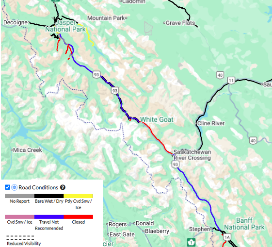 Hwy93N btwn Sask River Crossing and Parker Ridge - CLOSED due to poor driving conditions. Travel Not Recommended for segments to the north &amp; south of the closure. #ABRoads #ABStorm #JasperNP