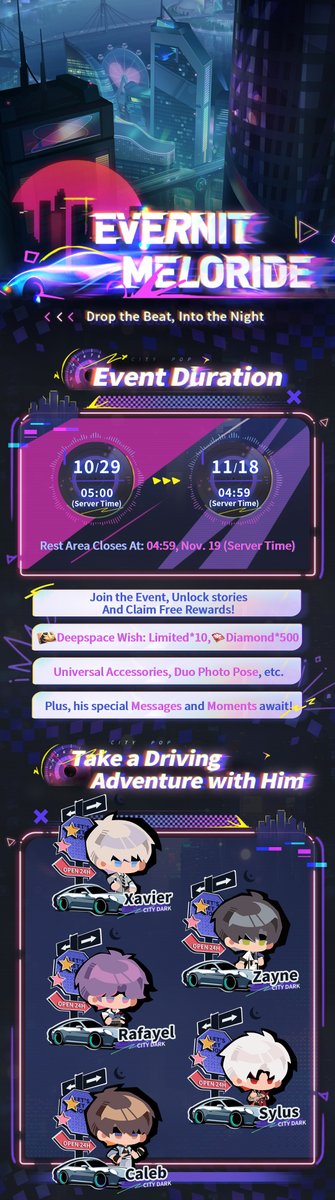 Love_Deepspace's tweet photo. 🌃Drop the Beat, Into the Night
New limited event [Evernit Meloride] is coming soon!

Participate in the event, enjoy the exclusive stories, and claim [Deepspace Wish: Limited*10], [Diamond*500], Universal Accessories, Duo Photo Pose, and other rewards for FREE! Plus, his special Messages and Moments await!

🌃Event Duration: From 05:00 on Oct. 29 to 04:59 on Nov. 18 (Server Time)
🌃Exchange Shop Closes At: 04:59 on Nov. 19 (Server Time)

🌃Toward Daylight: Event Exclusive Storylines
The magnetic field fluctuations bring a two-week Polar Night Vacation to Linkon City, as retro nostalgia sweeps across the city.
Experience the exclusive event storylines, and set off on a road trip with him through the polar night.

🌃Neon Rhythm: Rhythm Game
Join Linkon City's latest public event and earn the essential sustainable power source during the polar night.
Challenge Neon Rhythm across five areas. Follow the pulse of polar night music, and guide him to overcome every obstacle.
*Successfully clearing a stage with any companion will unlock the corresponding stages for all companions.

🌃Meloride Wander: A Driving Adventure
Take a driving adventure around Linkon City with him and embark on a unique experience!
As you drive toward your destination, mini stories and special battle challenges will appear along the way.

🌃Exchange Shop: Complete Tasks & Redeem Rewards
Participate in the above events to collect the event item [Neon Postcard]. Reach the required amount to claim [Diamond*500], and redeem various rewards, including:
[Deepspace Wish: Limited*10], Universal Facial [Vibrant Pop Candy], Universal Headwear [Final Verdict],
General Photo Pose [Perfect Sync], Portrait Background [Rhythmic Stage],
Chat Bubble [Polar Night Echoes], Exclusive Title [Fearless Traveler],
BGMs [Heartbeats Ablaze], [Goodnight, Empyreal Ring], [Brilliant Eterno], [Soaria Disco], [Begonia Pulse], [Moonveil Silverbay]
Chibi Avatars, Stickers, Journal items and more!

Tap the image for more details. ↓
———
🪐Official Discord: https://t.co/Ls99rY9YYb
#LoveandDeepspace #HeartbeatsAblaze