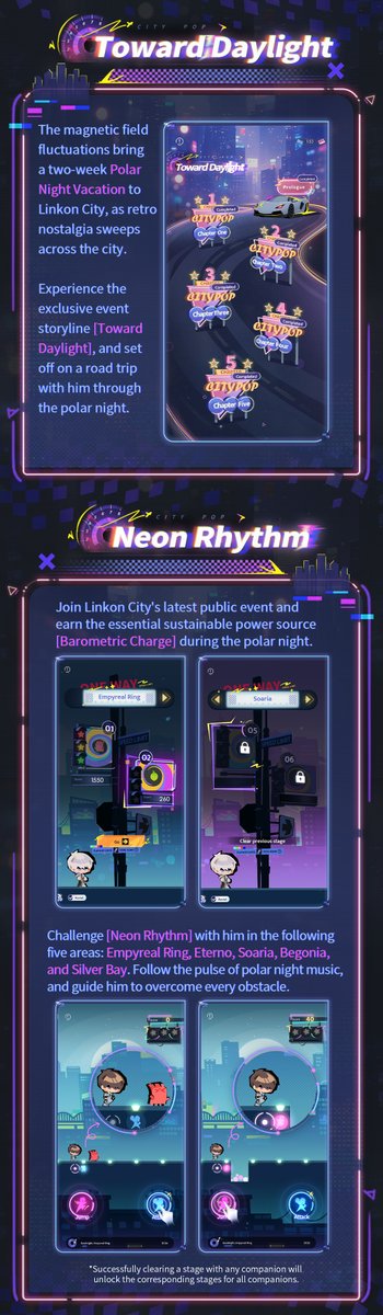Love_Deepspace's tweet photo. 🌃Drop the Beat, Into the Night
New limited event [Evernit Meloride] is coming soon!

Participate in the event, enjoy the exclusive stories, and claim [Deepspace Wish: Limited*10], [Diamond*500], Universal Accessories, Duo Photo Pose, and other rewards for FREE! Plus, his special Messages and Moments await!

🌃Event Duration: From 05:00 on Oct. 29 to 04:59 on Nov. 18 (Server Time)
🌃Exchange Shop Closes At: 04:59 on Nov. 19 (Server Time)

🌃Toward Daylight: Event Exclusive Storylines
The magnetic field fluctuations bring a two-week Polar Night Vacation to Linkon City, as retro nostalgia sweeps across the city.
Experience the exclusive event storylines, and set off on a road trip with him through the polar night.

🌃Neon Rhythm: Rhythm Game
Join Linkon City's latest public event and earn the essential sustainable power source during the polar night.
Challenge Neon Rhythm across five areas. Follow the pulse of polar night music, and guide him to overcome every obstacle.
*Successfully clearing a stage with any companion will unlock the corresponding stages for all companions.

🌃Meloride Wander: A Driving Adventure
Take a driving adventure around Linkon City with him and embark on a unique experience!
As you drive toward your destination, mini stories and special battle challenges will appear along the way.

🌃Exchange Shop: Complete Tasks & Redeem Rewards
Participate in the above events to collect the event item [Neon Postcard]. Reach the required amount to claim [Diamond*500], and redeem various rewards, including:
[Deepspace Wish: Limited*10], Universal Facial [Vibrant Pop Candy], Universal Headwear [Final Verdict],
General Photo Pose [Perfect Sync], Portrait Background [Rhythmic Stage],
Chat Bubble [Polar Night Echoes], Exclusive Title [Fearless Traveler],
BGMs [Heartbeats Ablaze], [Goodnight, Empyreal Ring], [Brilliant Eterno], [Soaria Disco], [Begonia Pulse], [Moonveil Silverbay]
Chibi Avatars, Stickers, Journal items and more!

Tap the image for more details. ↓
———
🪐Official Discord: https://t.co/Ls99rY9YYb
#LoveandDeepspace #HeartbeatsAblaze