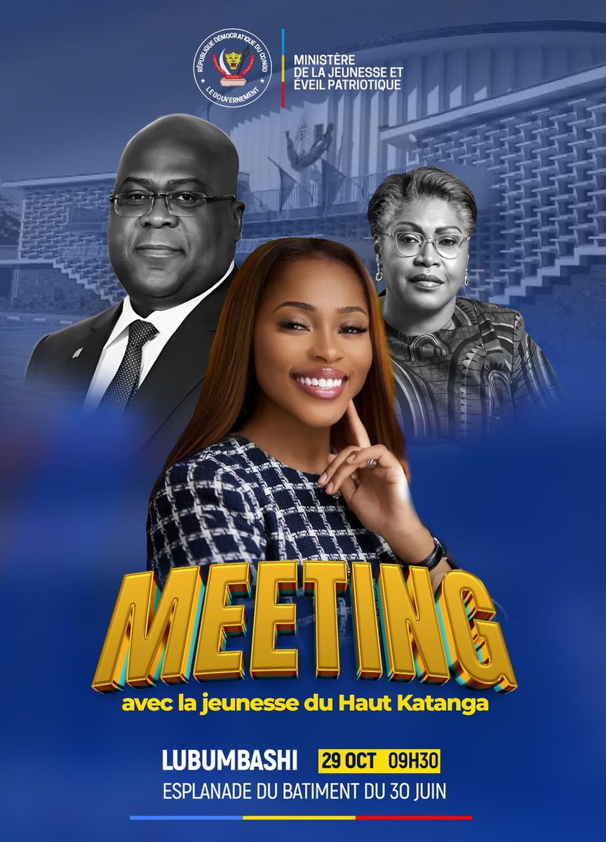 💠💠💠💠💠
📍 *Lubumbashi, Haut-Katanga*  
🚨 *Les Consultations Nationales de la Jeunesse arrivent dans votre province !*

Sous la direction de *Son Excellence Grâce Emie Kutino*, Ministre de la Jeunesse et de l’Éveil Patriotique, la jeunesse congolaise est appelée à *prendre la