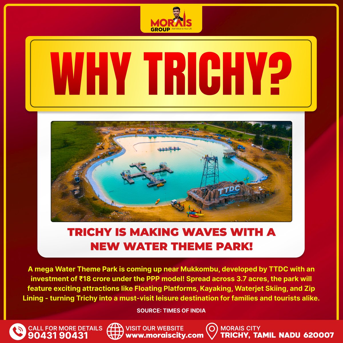 MoraisCity's tweet photo. 🌊 Trichy is making a splash! 💦
A new Water Theme Park is coming up at Mukkombu — with 🚣 Kayaking, 💨 Waterjet Skiing, 🌴 Floating Platforms &amp; ⚡ Zip Lining!

Recreation meets development — Trichy never stops evolving. 💫

#Trichy #TrichyDevelopment #TrichyNews #TamilNaduGrowth https://t.co/1XBLiEAmo5