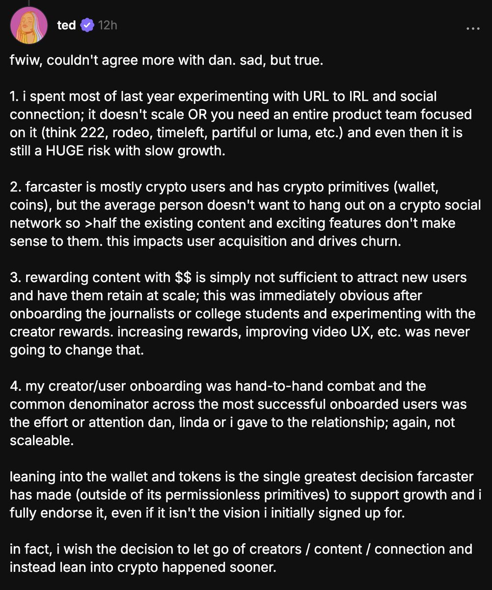 "sad but true" 

tbh i'm sad to see farcaster turn into a trading app as well as glad they finally embraced it

love these takeaways from years in the trenches from <a href="/dwr/">Dan Romero</a> and <a href="/tednotlasso/">ted (on farcaster)</a>