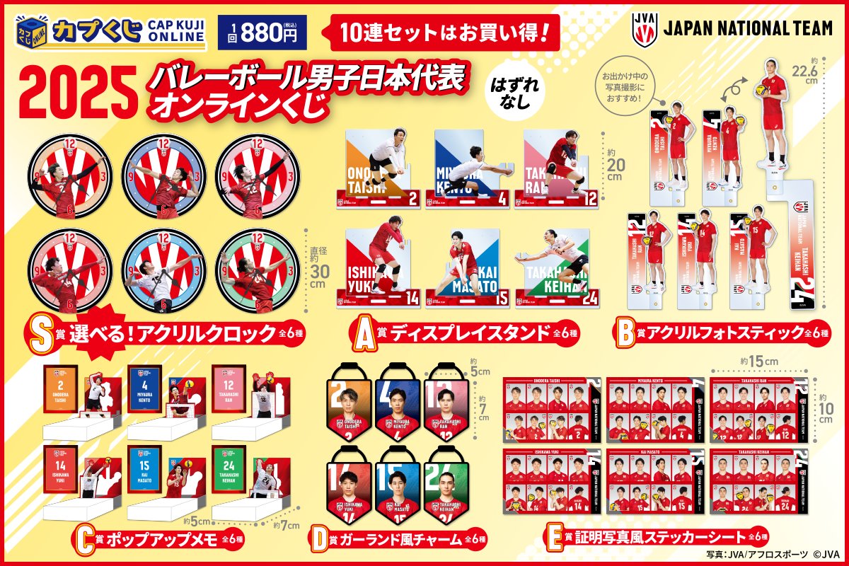 📣#バレーボール男子日本代表 くじ販売開始🏐

『選べる！アクリルクロック』や
写真撮影にピッタリ『アクリルフォトスティック』など
ユニークなアイテムを多数展開‼️

くじの販売は【11/19(水)13:59】まで👀
お見逃しなく✨

くじの購入はこちらから☟
capcom-capkujionline.com/lp/volleyball5/

#カプくじ